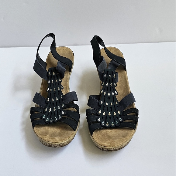 RIEKER T-Strap Wedge Heeled Sandals Sz 10 / 42  Blue Slingback - Picture 1 of 10